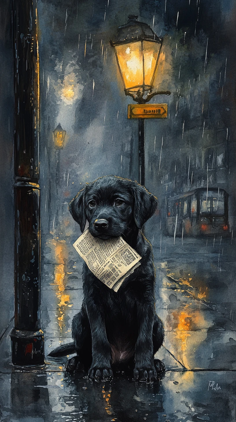 Cucciolo di labrador nero in attesa a una fermata dell’autobus sotto la pioggia