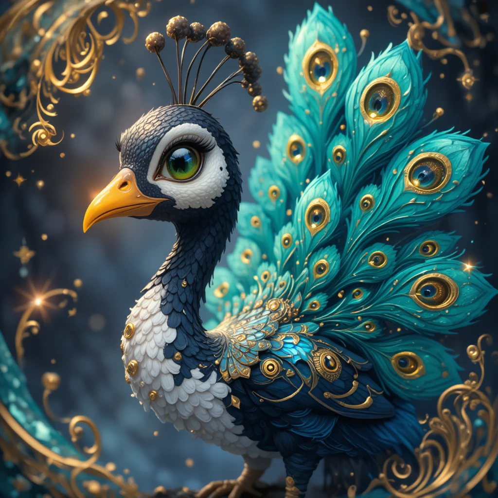 Pavo real de fantasía juguetón con cola turquesa y detalles dorados