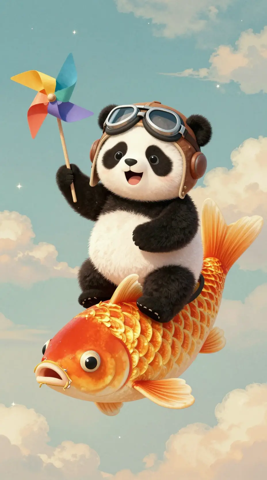 Cute panda riding golden koi fish in dreamy sky