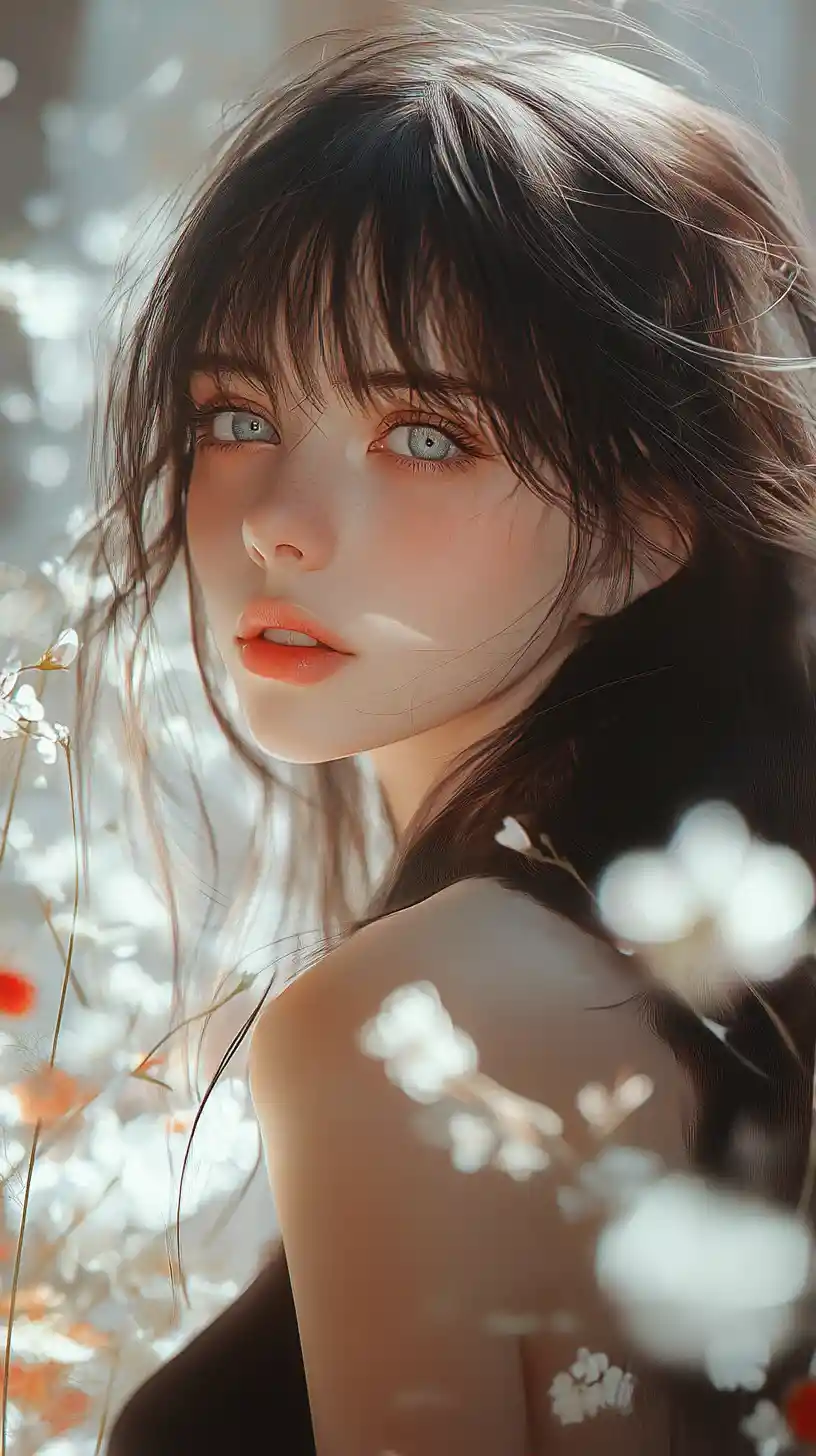 Anime-Mädchen-Porträt mit Blumen und schimmerndem Licht