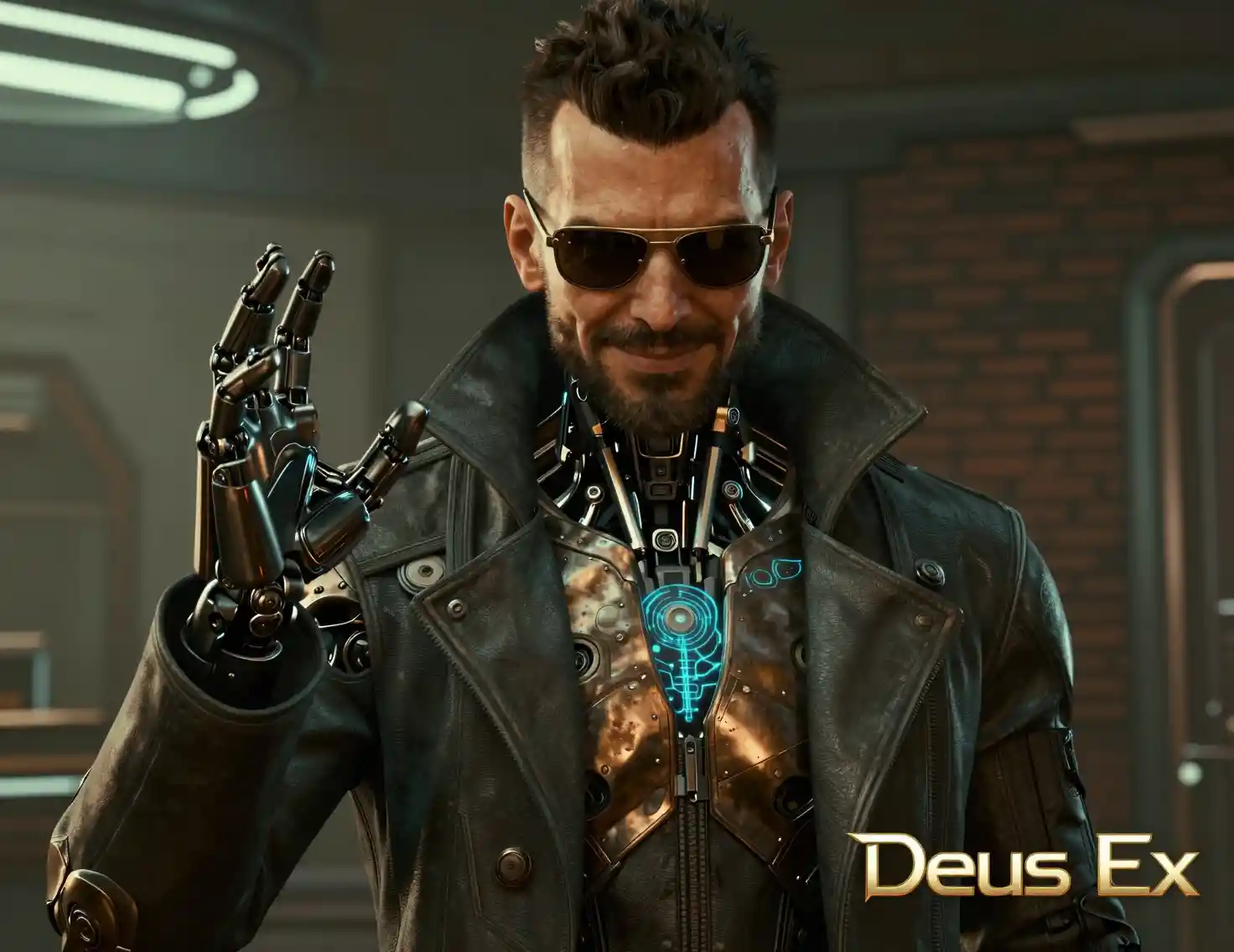 Detective potenziato che posa in un interno cyberpunk