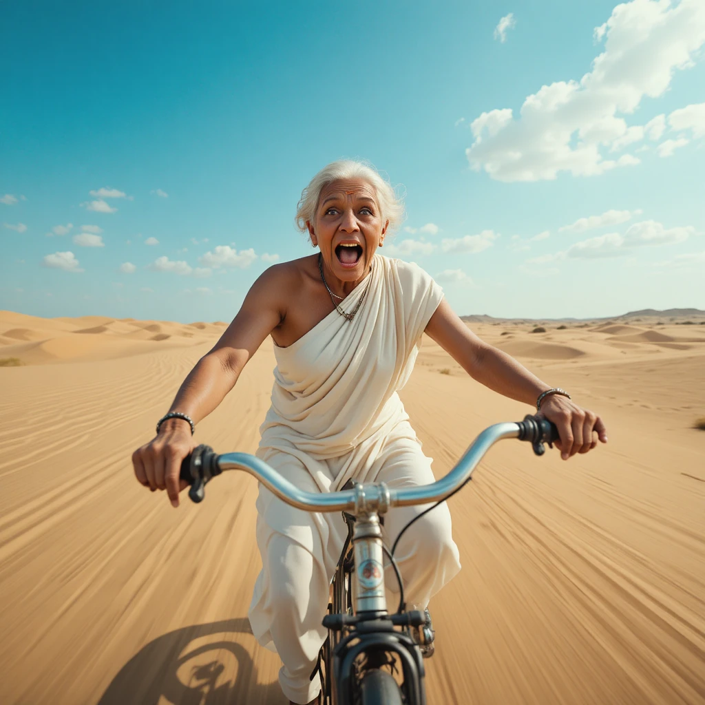 Nonna indiana che pedala veloce tra le dune dorate del deserto