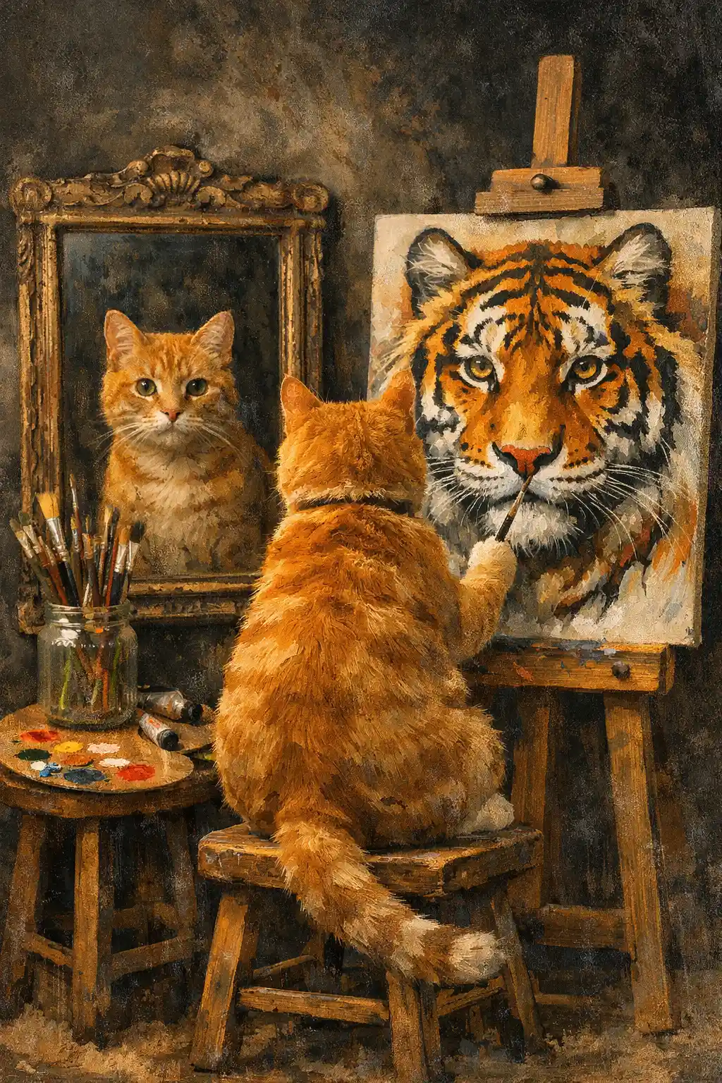 Orange tabby cat painting a tiger portrait on canvas