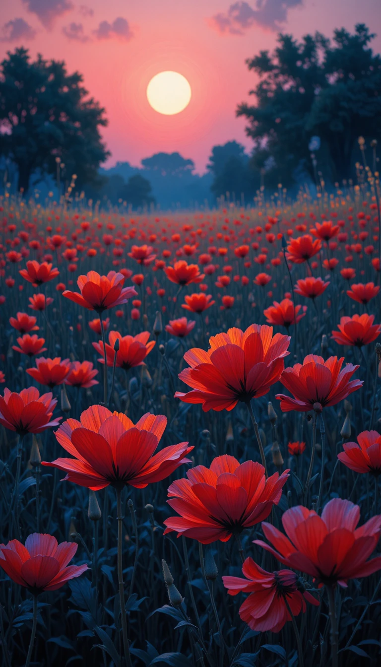 Field of dark poppies in soft pink evening light