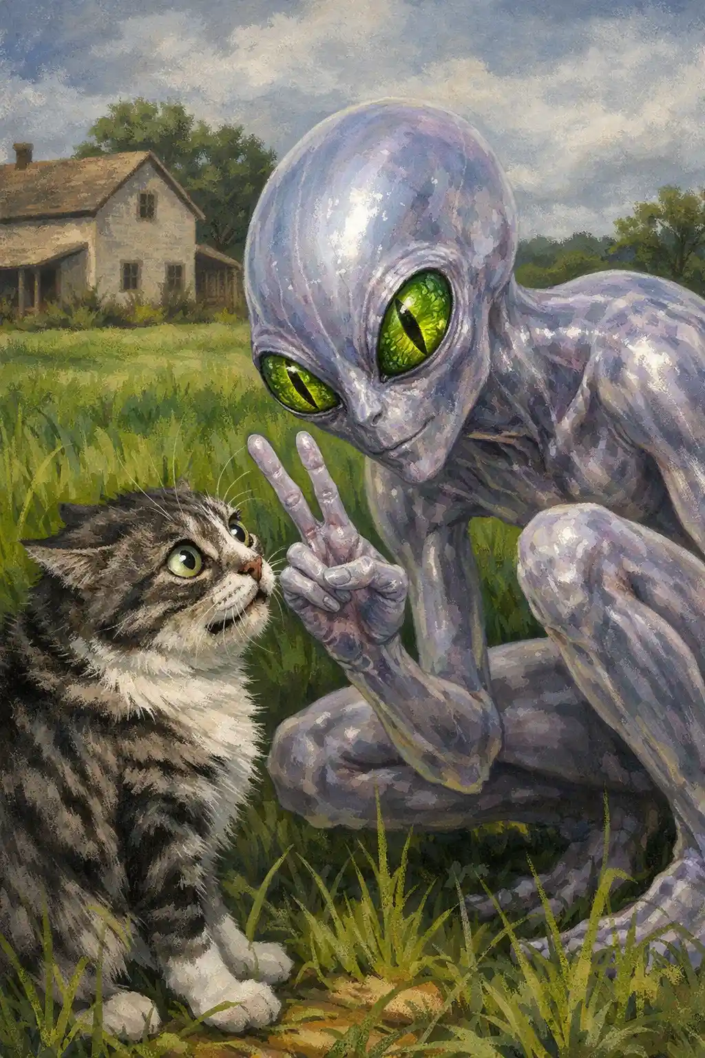 Creepy translucent alien giving a peace sign to scared cat