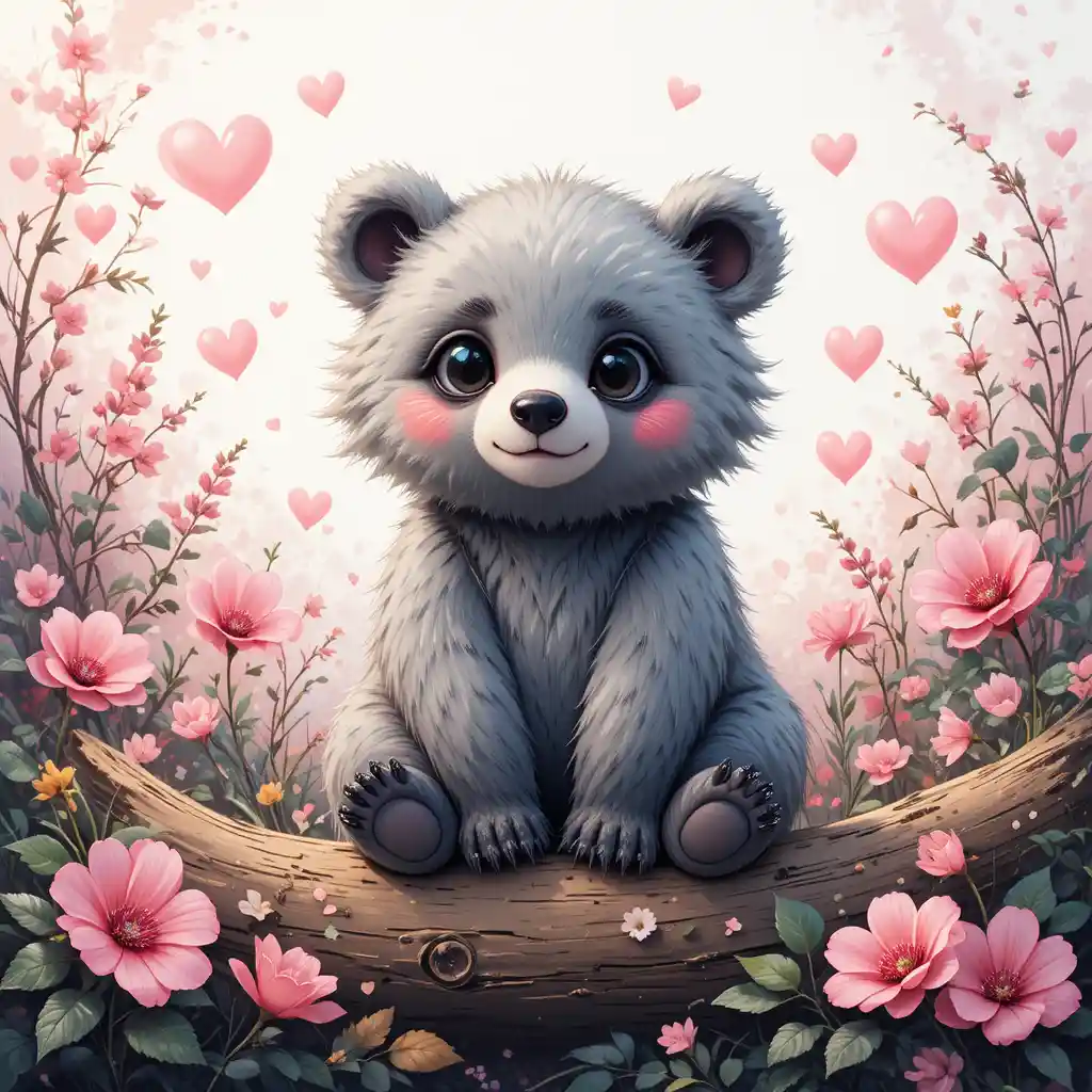 Whimsical gray bear on a log with pink flowers