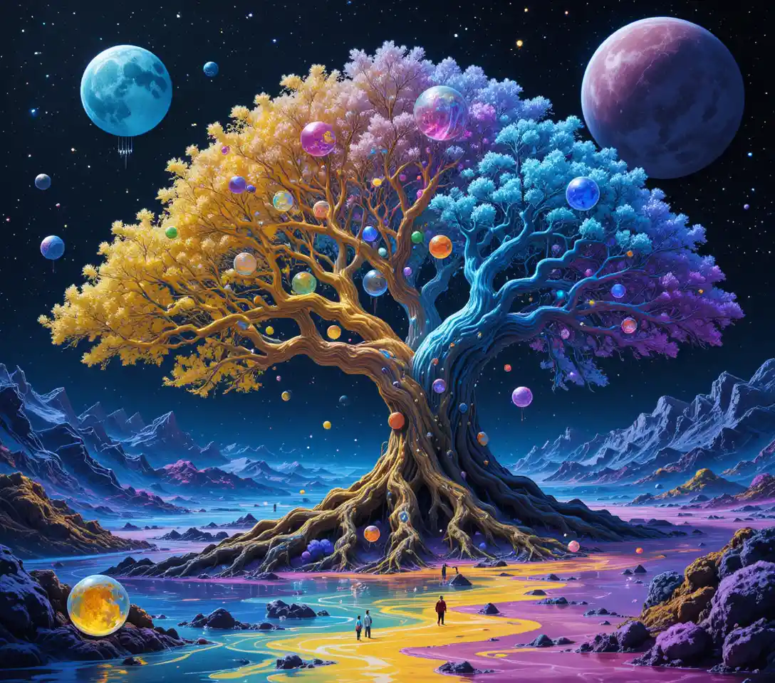 Neon-Fantasiebaum des Lebens in einer kosmischen Weltraumnebelwolke