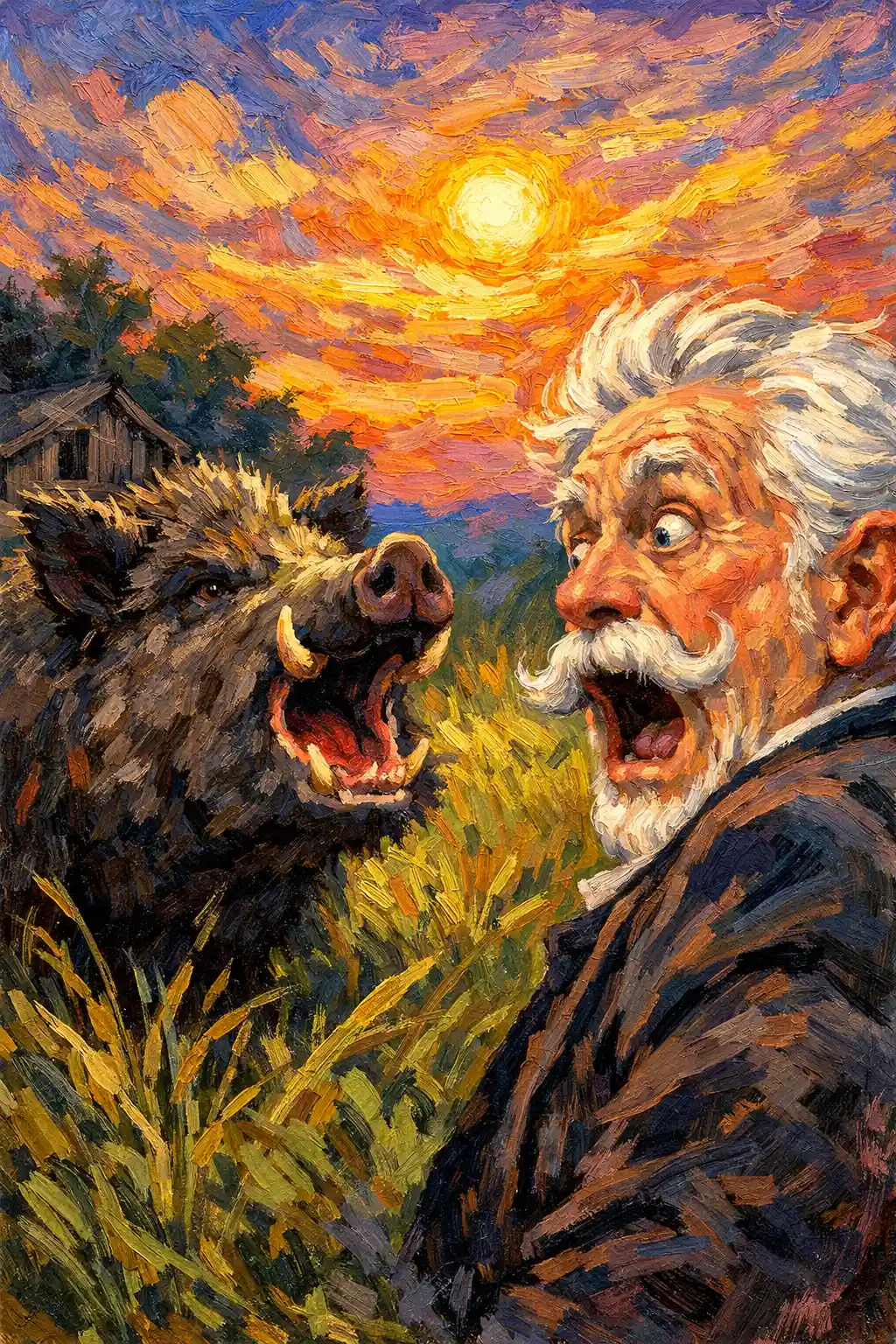 Anziano affronta un cinghiale selvatico sotto un cielo di tramonto vivace