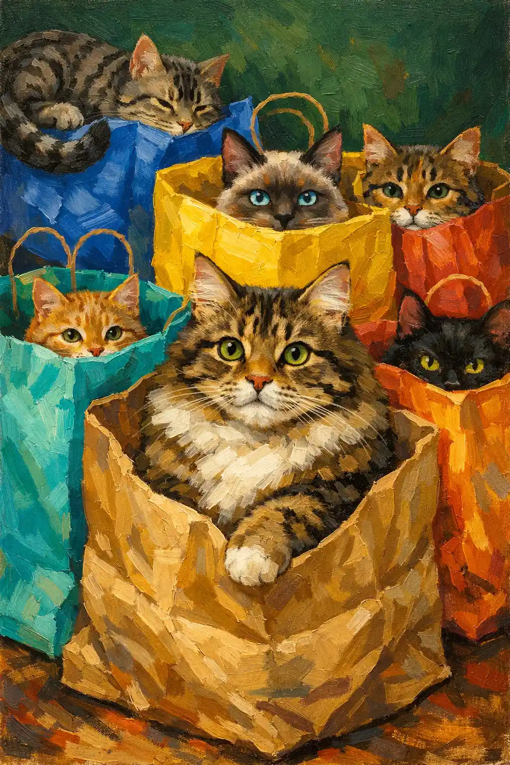 Playful cats lounging in colorful paper bags painting