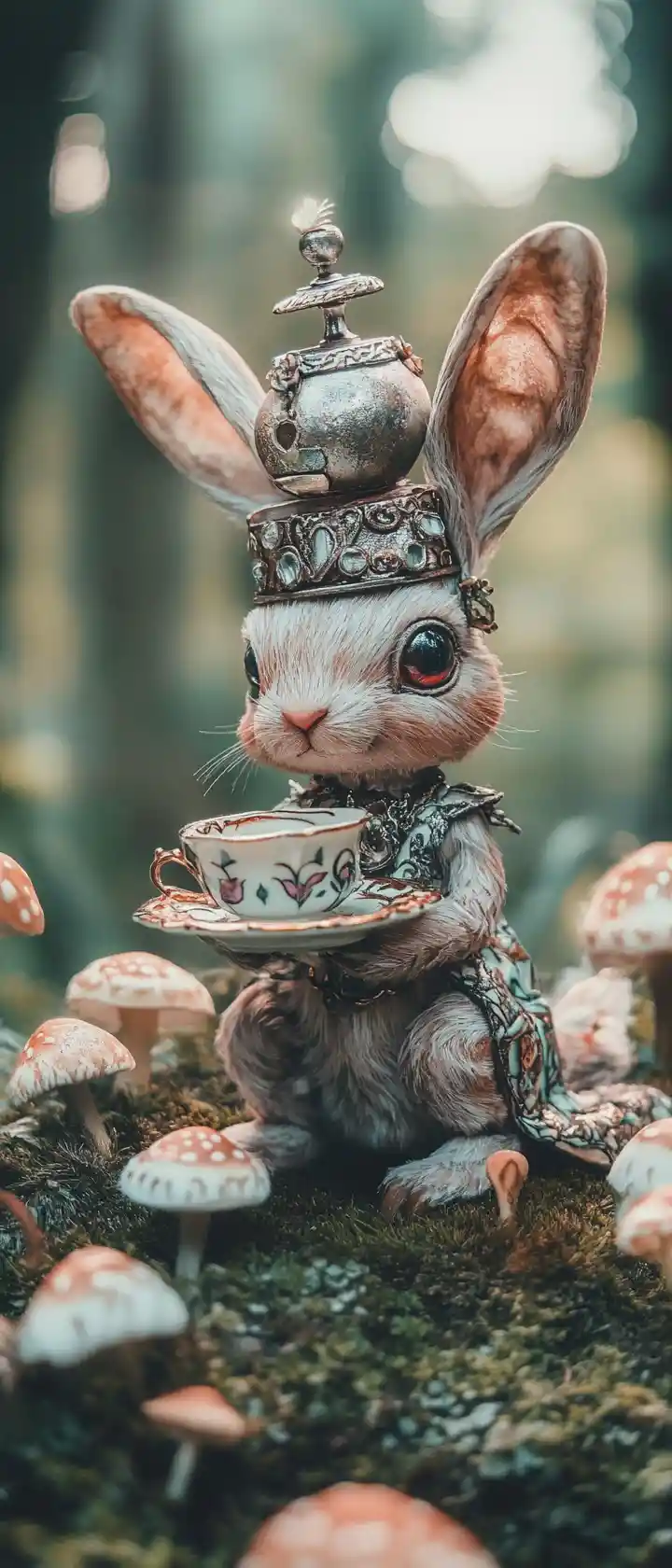 Whimsical fairy sitting at metallic pastel teatime scene