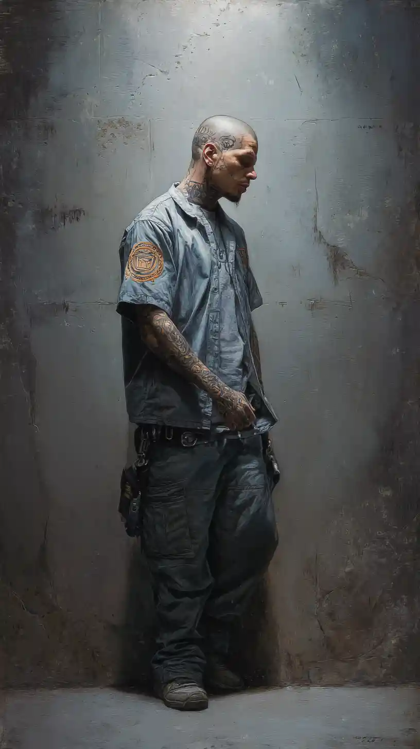 Latino prisoners guarded by robotic cyborg officers in prison