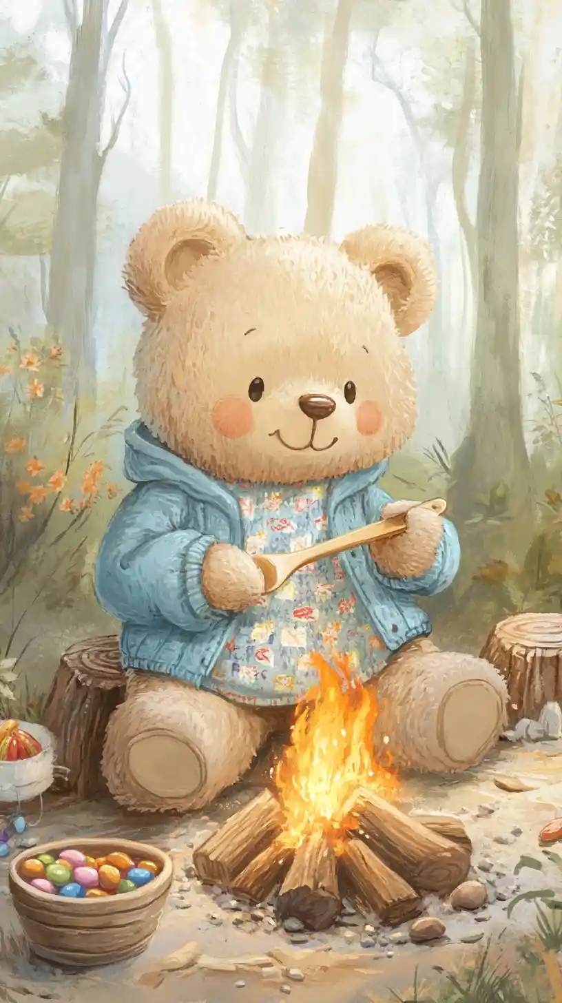 Cute teddy bear cooking by a cozy forest campfire