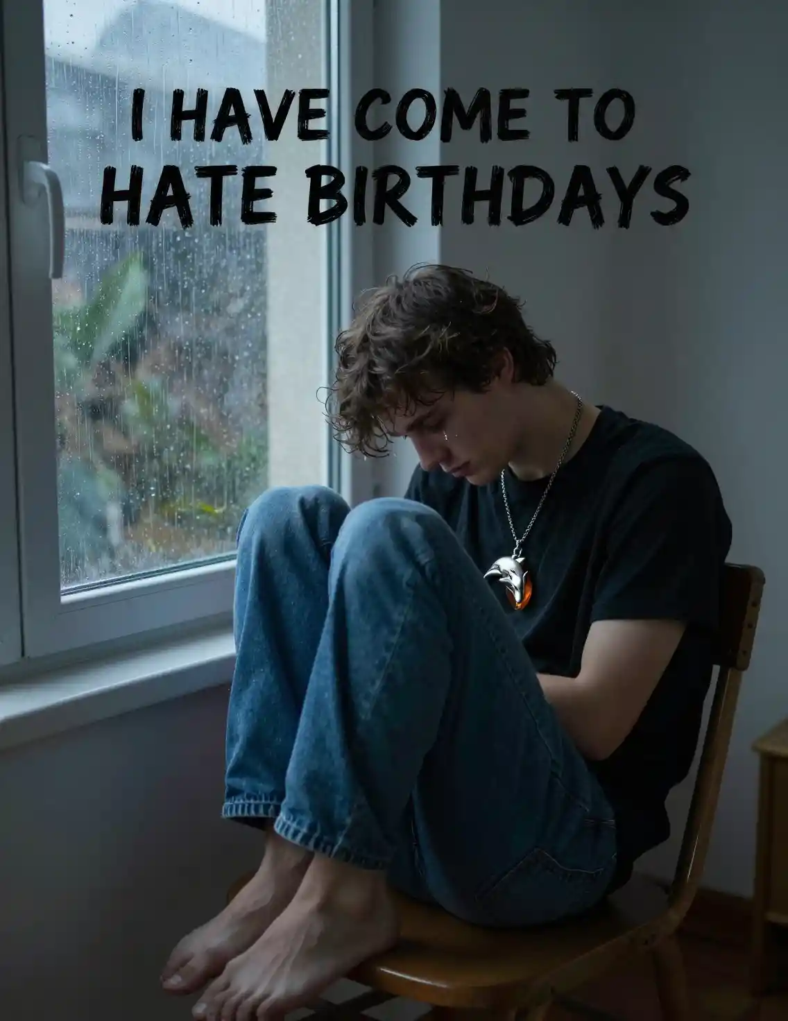 Young man crying alone in a gloomy apartment