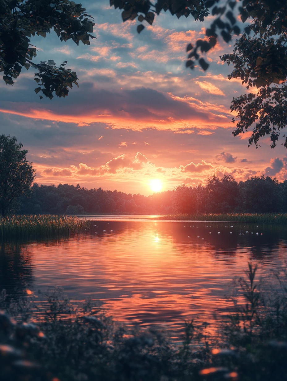 Sanfter Sonnenuntergang über einem ruhigen, spiegelnden See