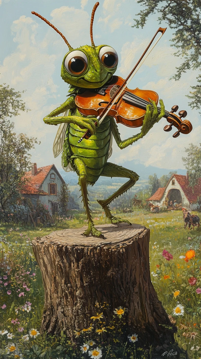 Sauterelle verte joyeuse jouant du violon dans un pré ensoleillé