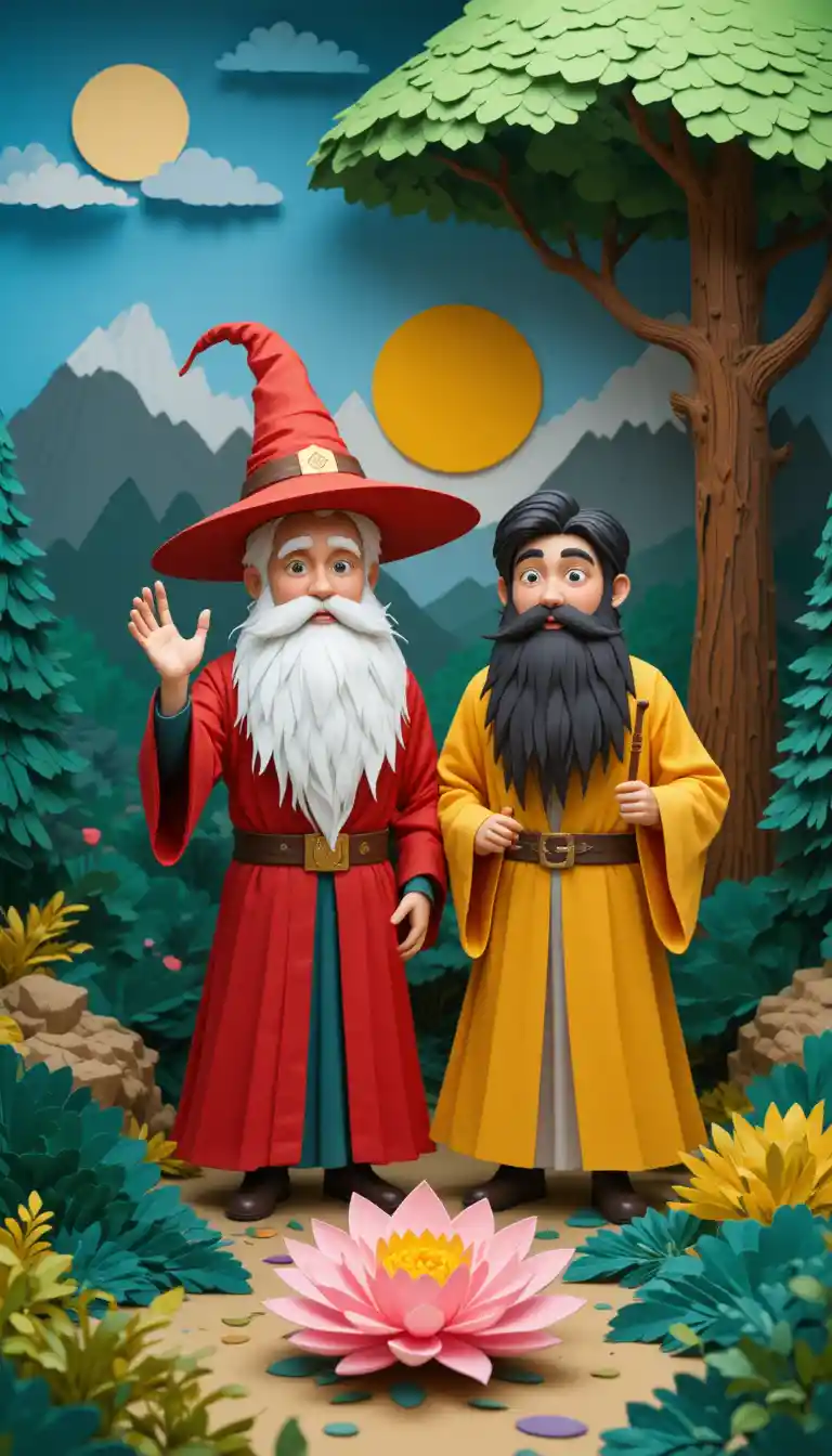 遊び心あふれる紙のファンタジー森にいる2人のカートゥーン魔法使い