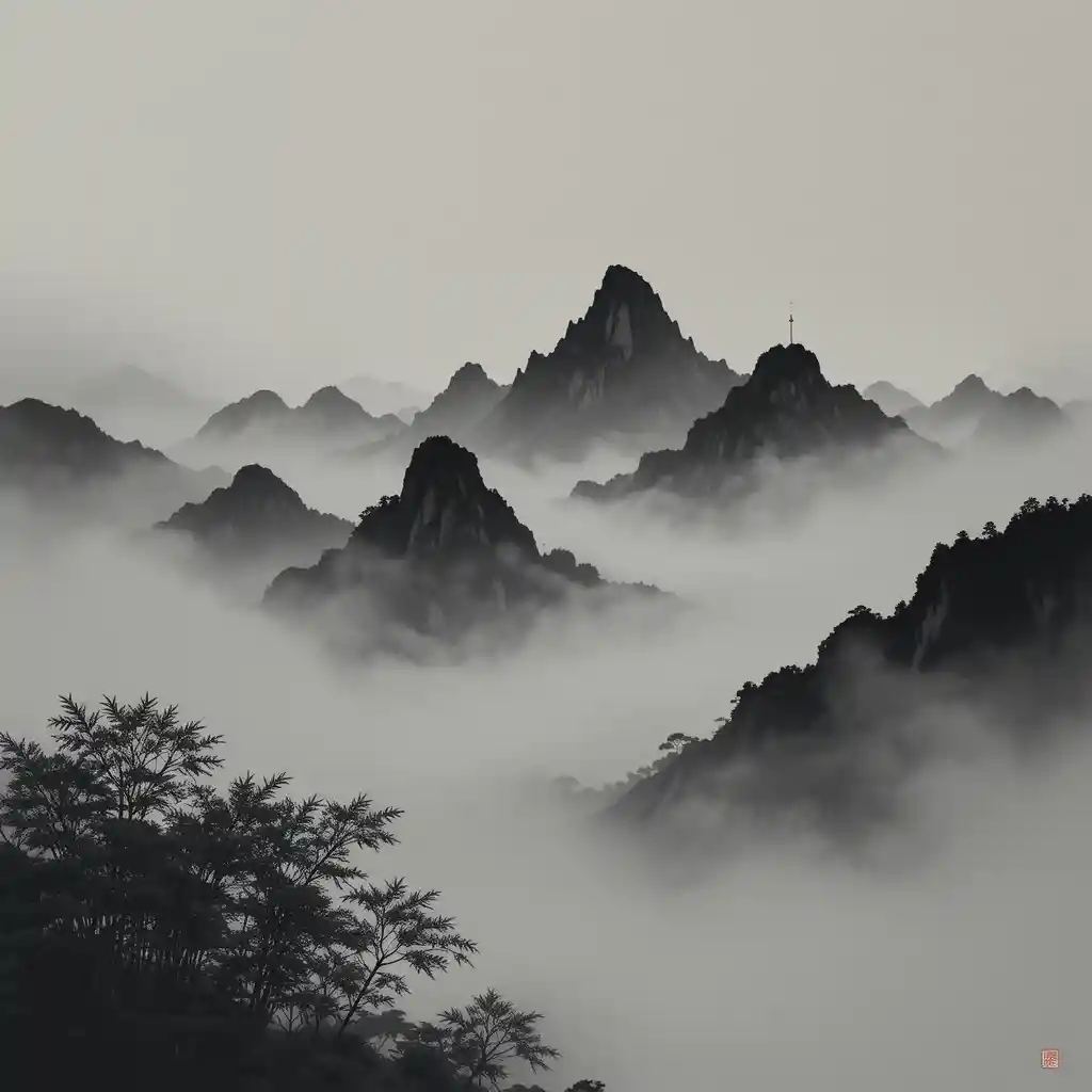 Misty mountain peaks rising above fog with bamboo grove