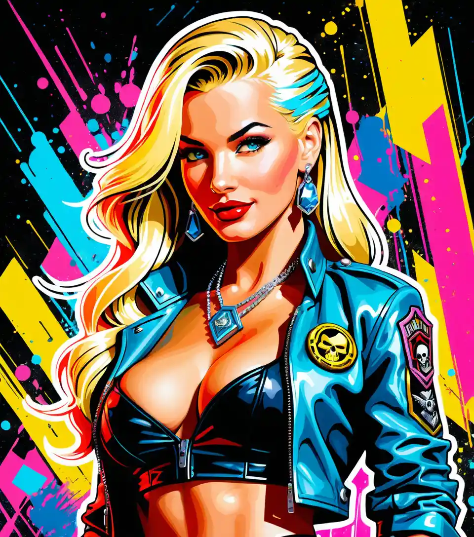 Pinup blonde clerk posing in neon lit jewelry boutique