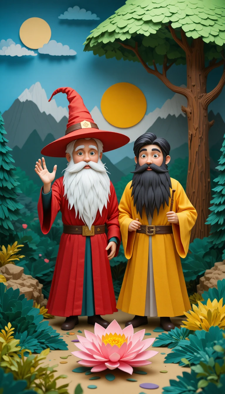 Two cartoon wizards in a playful paper fantasy forest