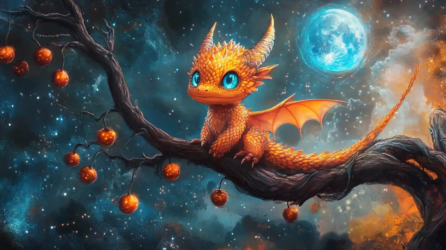 Surrealer Babydrache auf einem unmöglichen kosmischen Ast