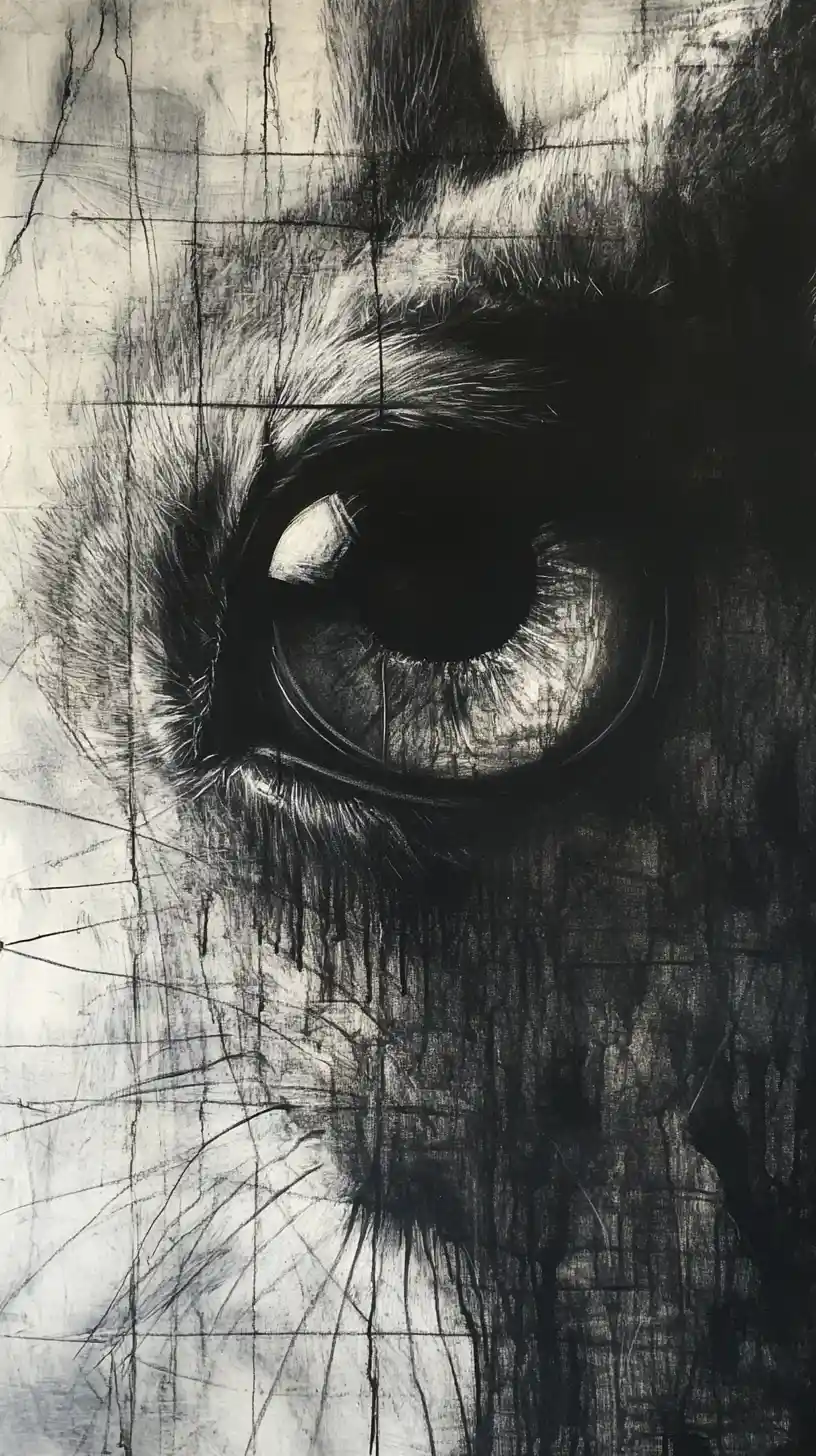 Coniglio surreale in mixed media con grandi occhi riflettenti