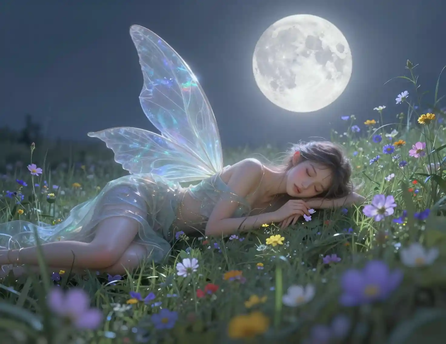 Fata elfa addormentata in un prato di fiori selvatici al chiaro di luna