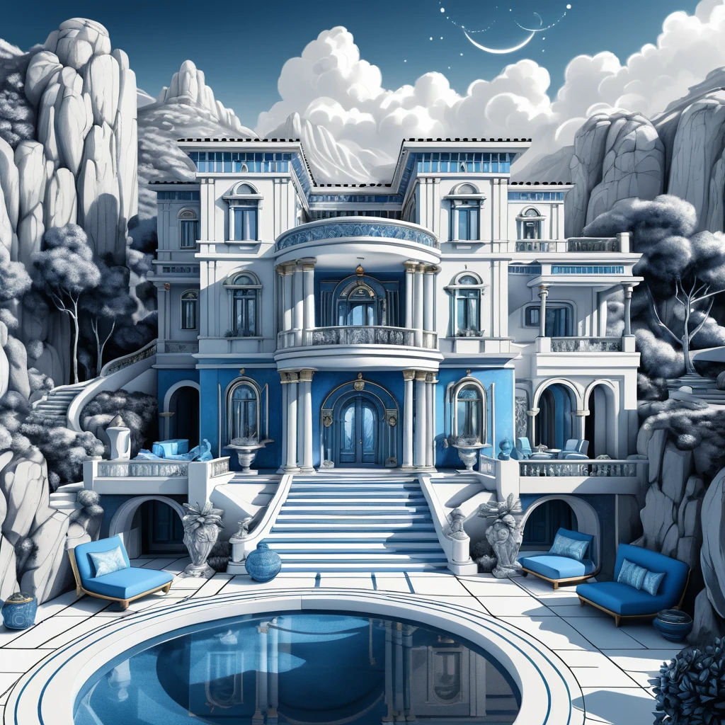 Interior de uma grande villa de fantasia em um mundo montanhoso sereno