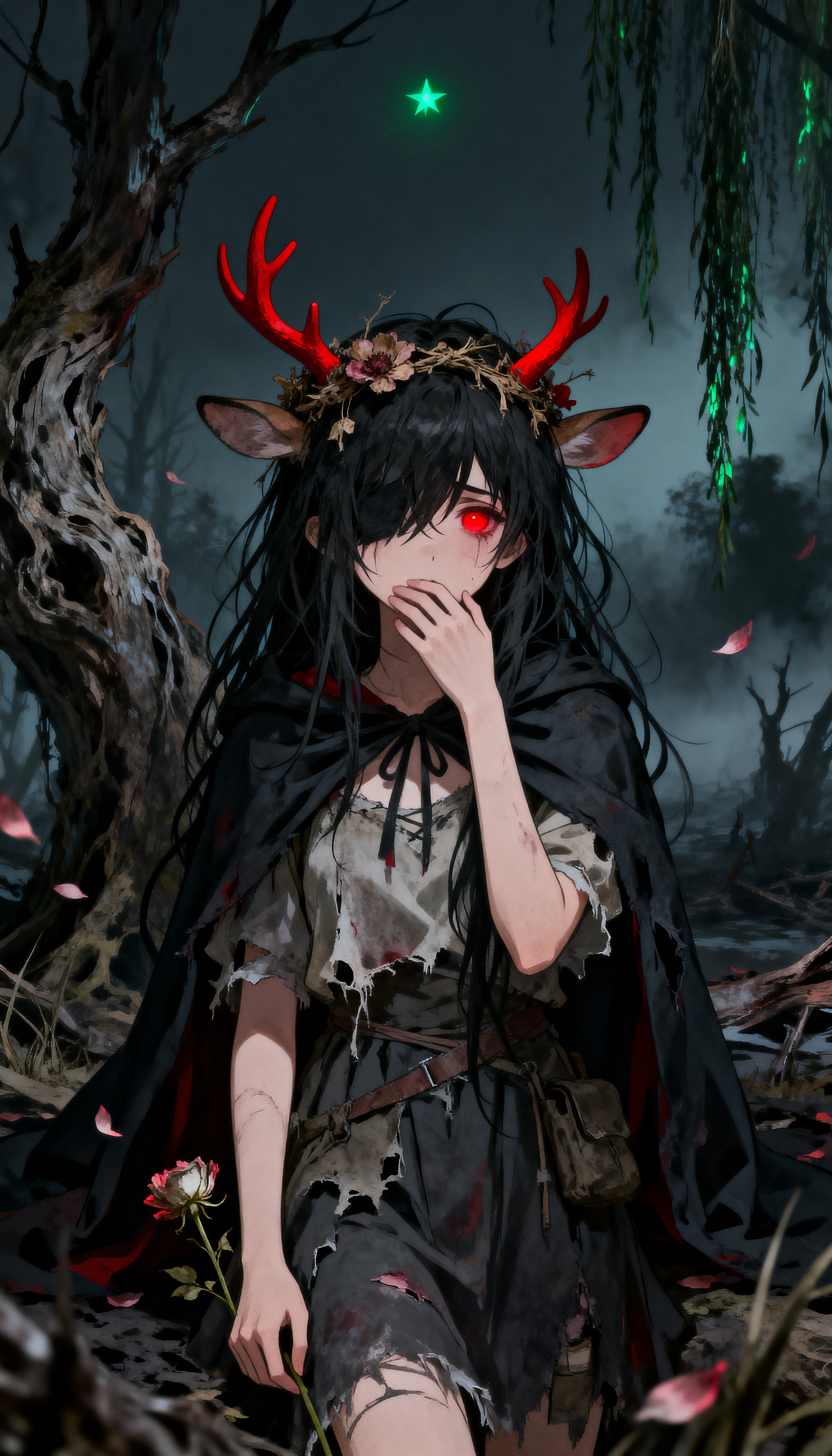 Deer horned anime girl with withered flowers in darkness