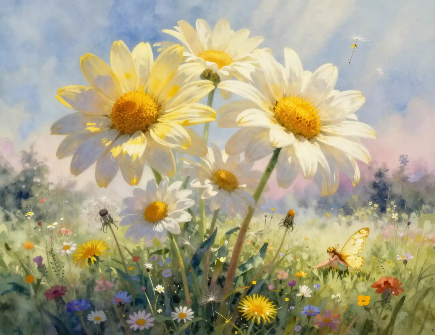 Giant fantasy flowers towering over a dreamy meadow