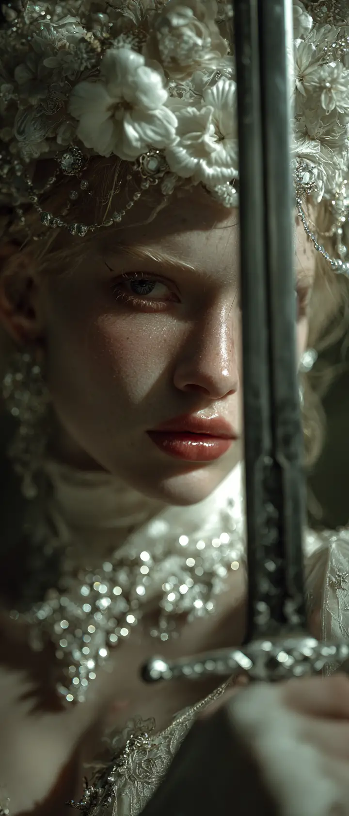 Woman in white gown holding a glowing sword