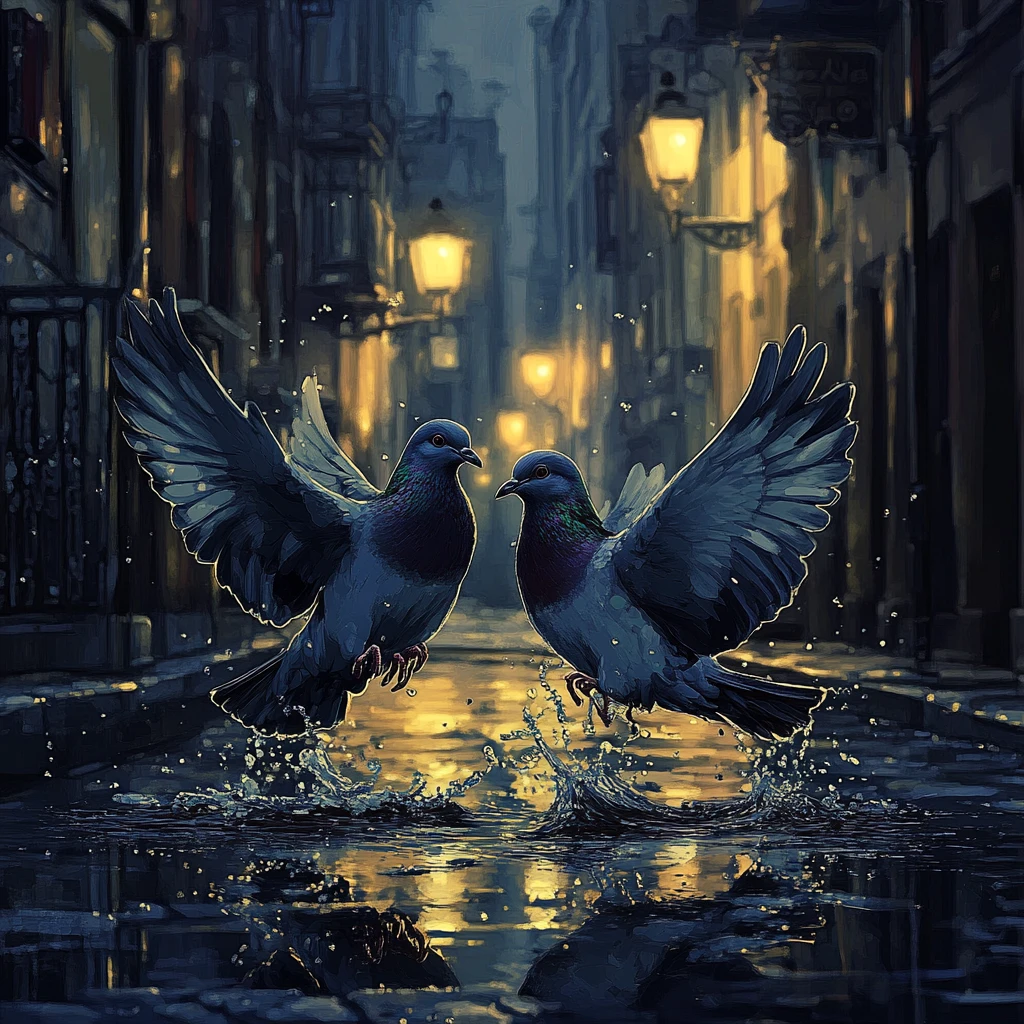 Deux pigeons éclaboussant dans une flaque sous un lampadaire lumineux