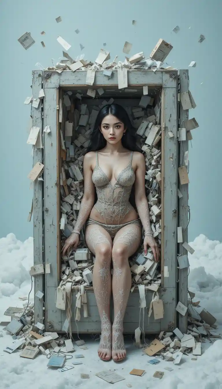 산산이 부서진 패션 속 상자에 갇힌 초현실적인 여성