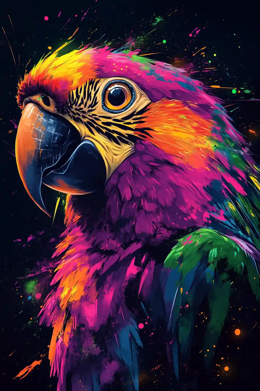 Neon parrot portrait with vibrant fluorescent colors