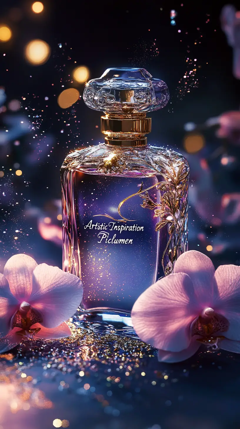 Flacone di profumo di lusso con orchidea in una polvere colorata da sogno