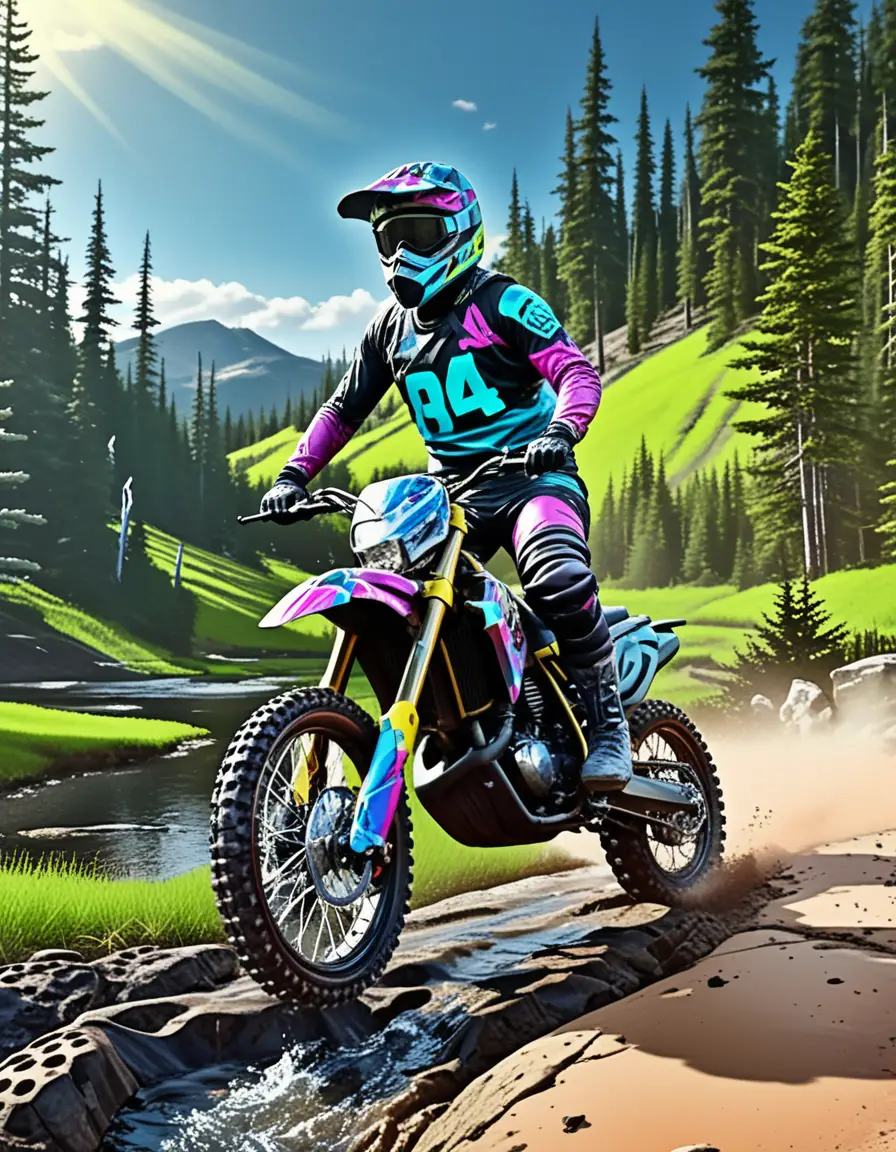 Blonde motocross rider on dirt bike by a Montana creek