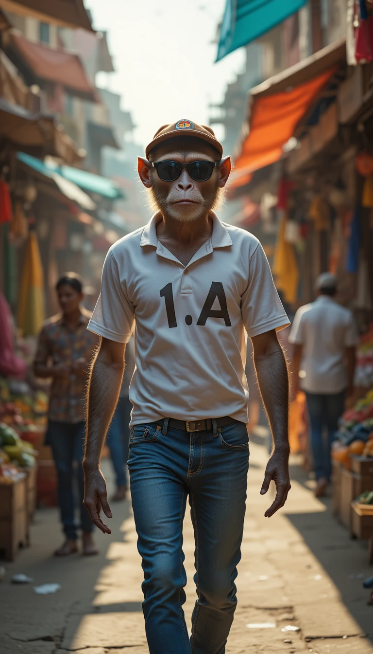Singe marchant debout dans un marché de rue indien très animé