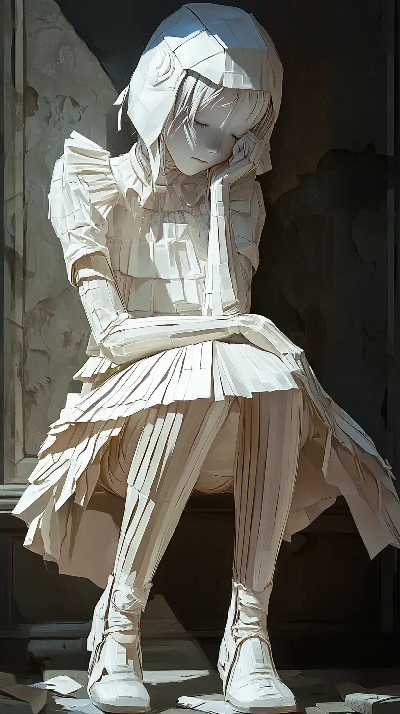 Surreal corrugated paper art in a feminine anime style