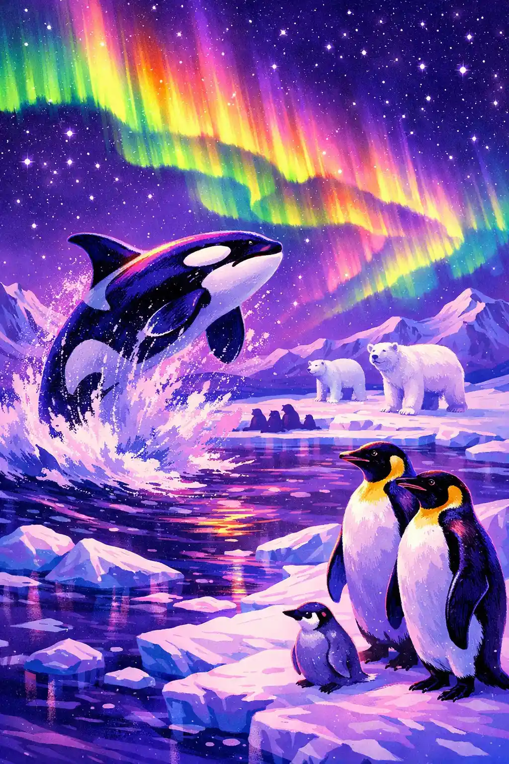 Aurora lit penguins and orca in surreal arctic night