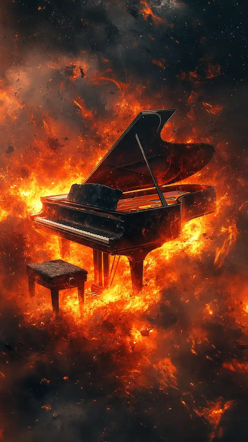 Pianoforte a coda tra fiamme e nebbia vorticosa con pianista nell’ombra