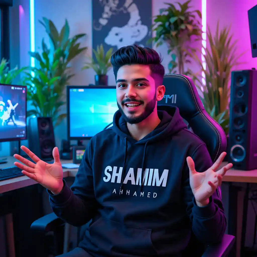 Selbstbewusster junger Mann streamt im Neon-Gaming-Setup