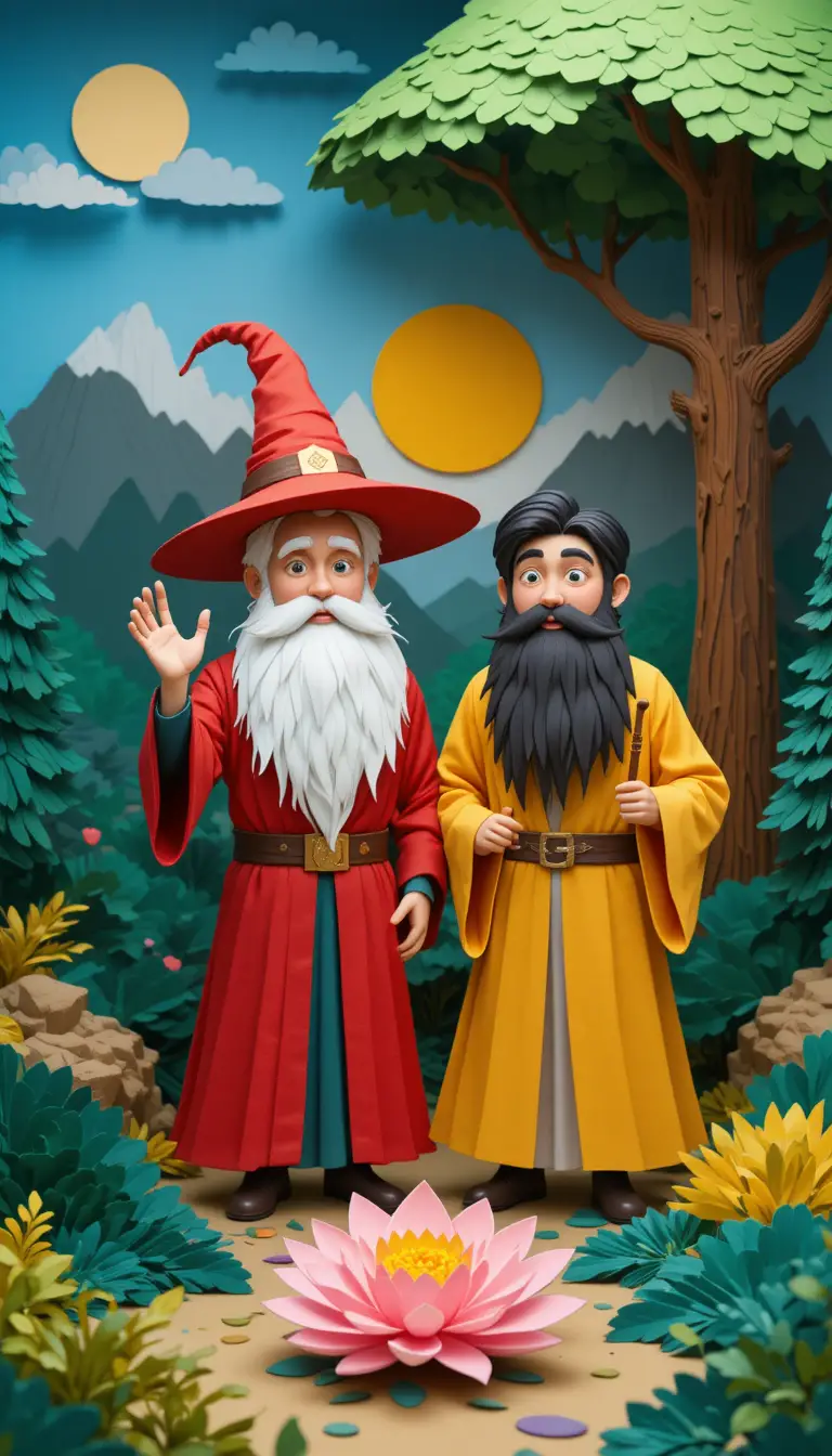 Due maghi cartoon in una giocosa foresta fantasy di carta