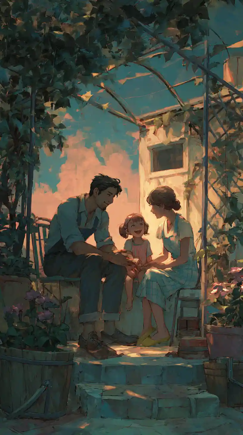 Father and daughter laughing together in a sunset garden