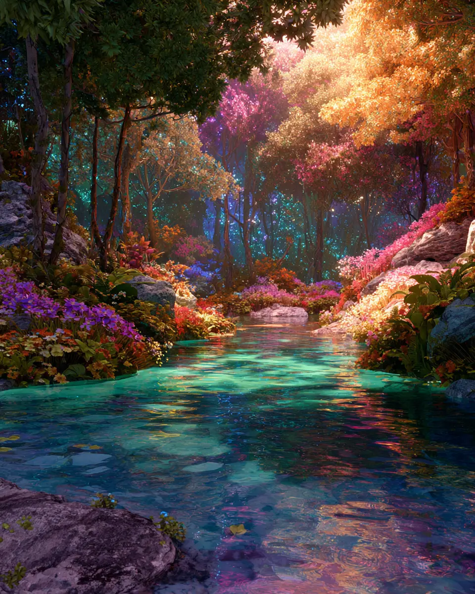 Enchanted Forest Of Iridescent Foliage And Crystal River