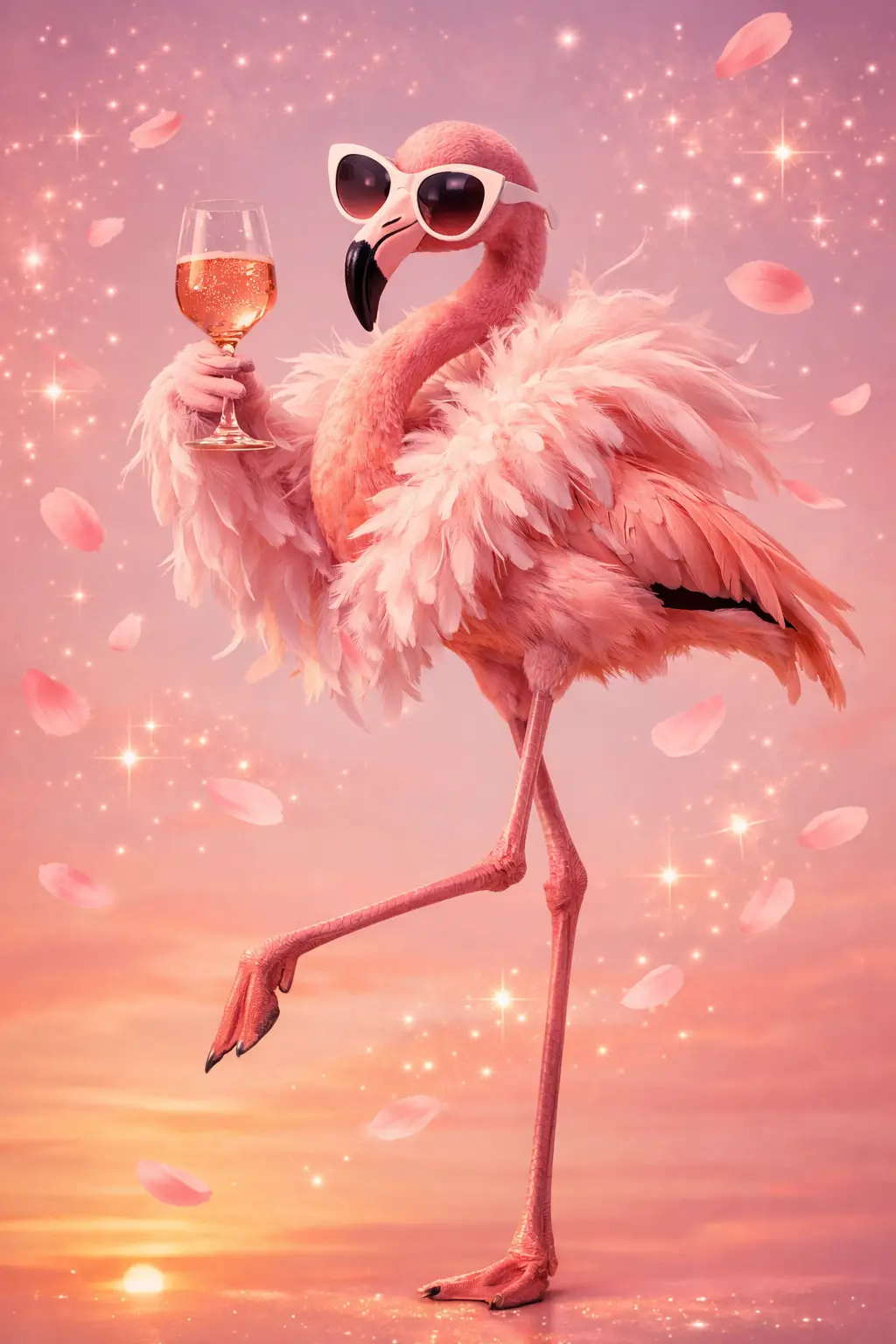 Glamorous flamingo with rosé and sunglasses at sunset