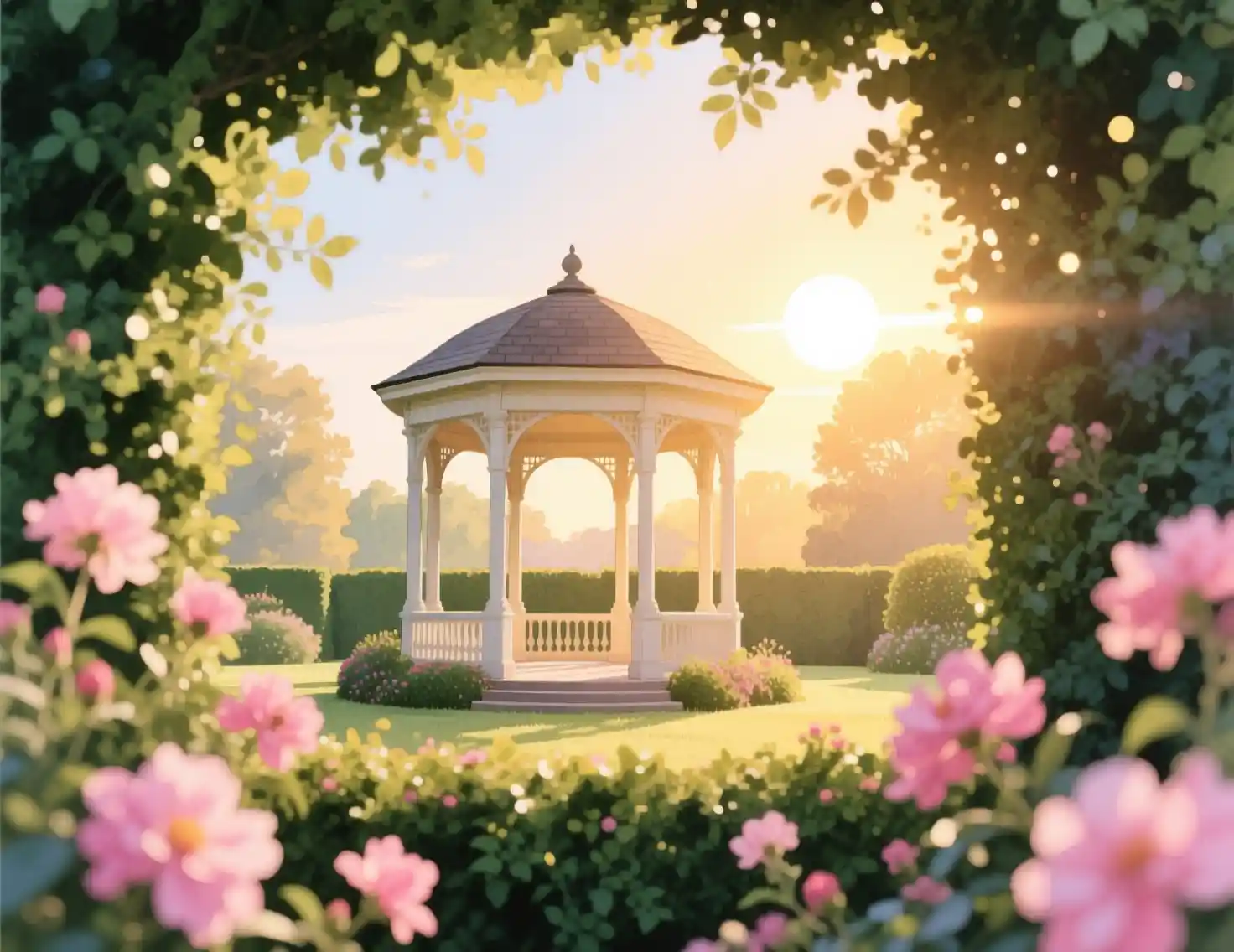 Sunlit garden gazebo framed by soft pink foreground flowers