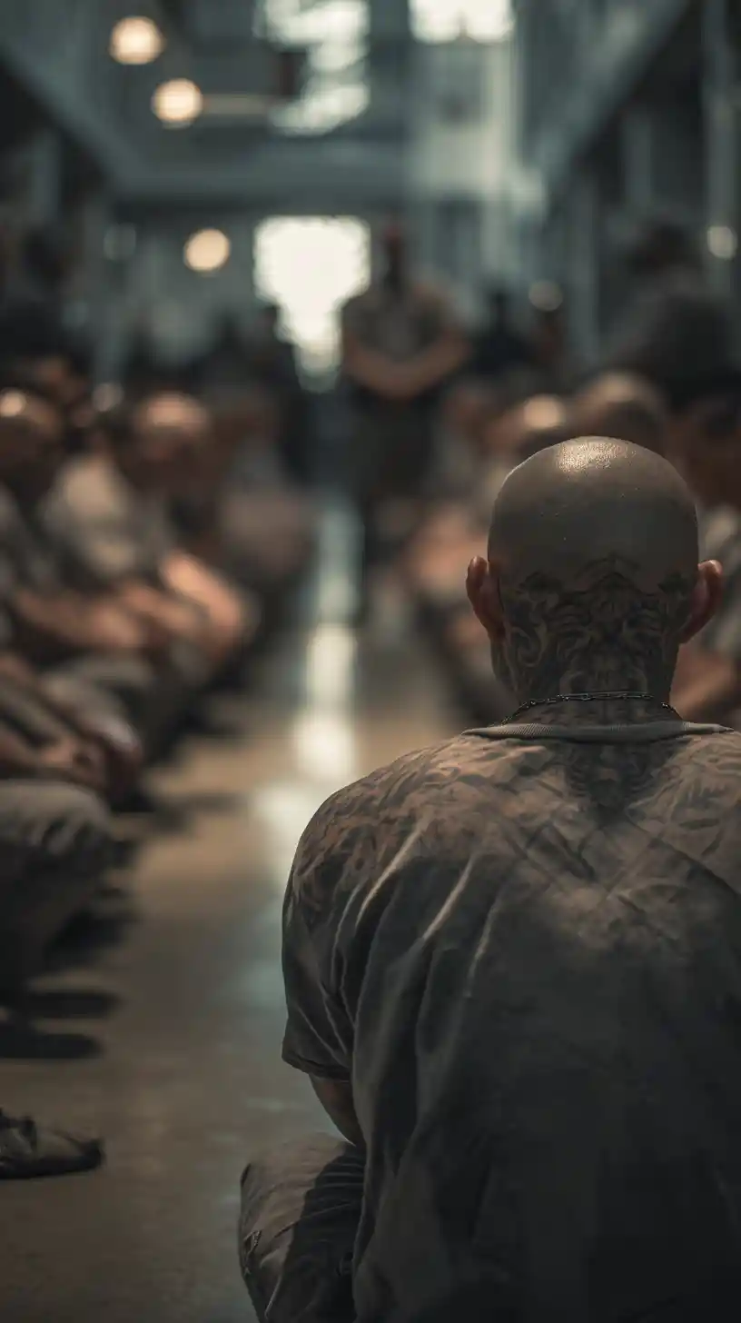 Latino prisoners seated on the floor in a bright prison hall