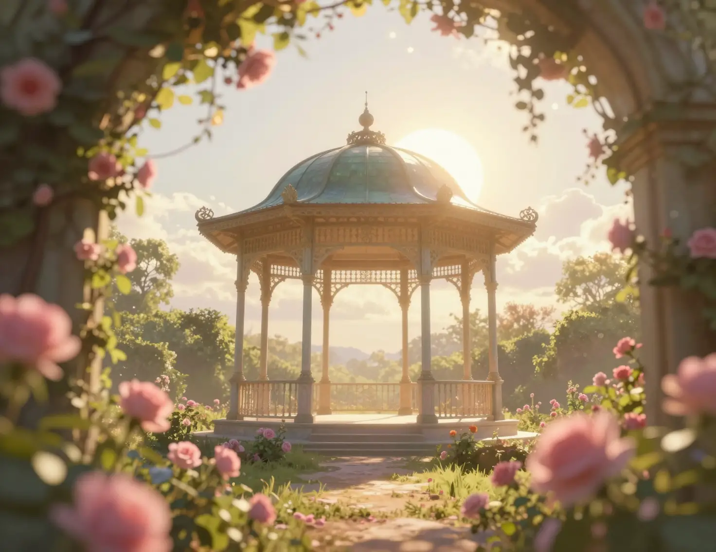 Kiosque de jardin à l’heure dorée encadré de douces fleurs