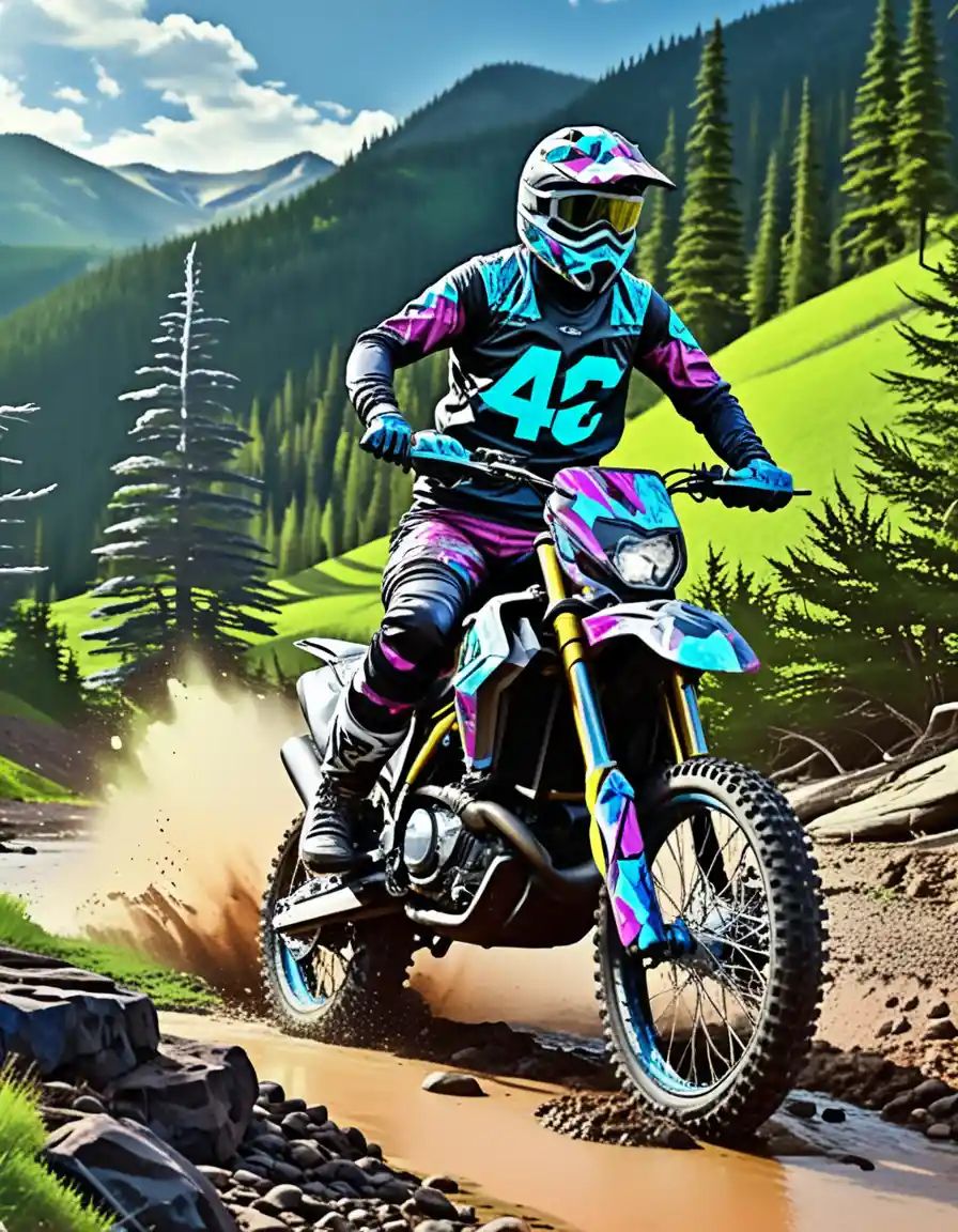 Blonde Motocross-Fahrerin auf Dirtbike an einem Bach in Montana