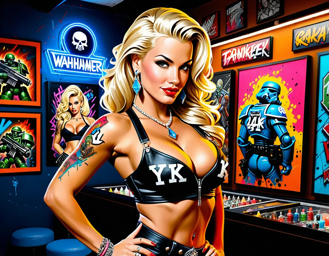 Dependienta rubia pin-up posando en boutique de joyería neón