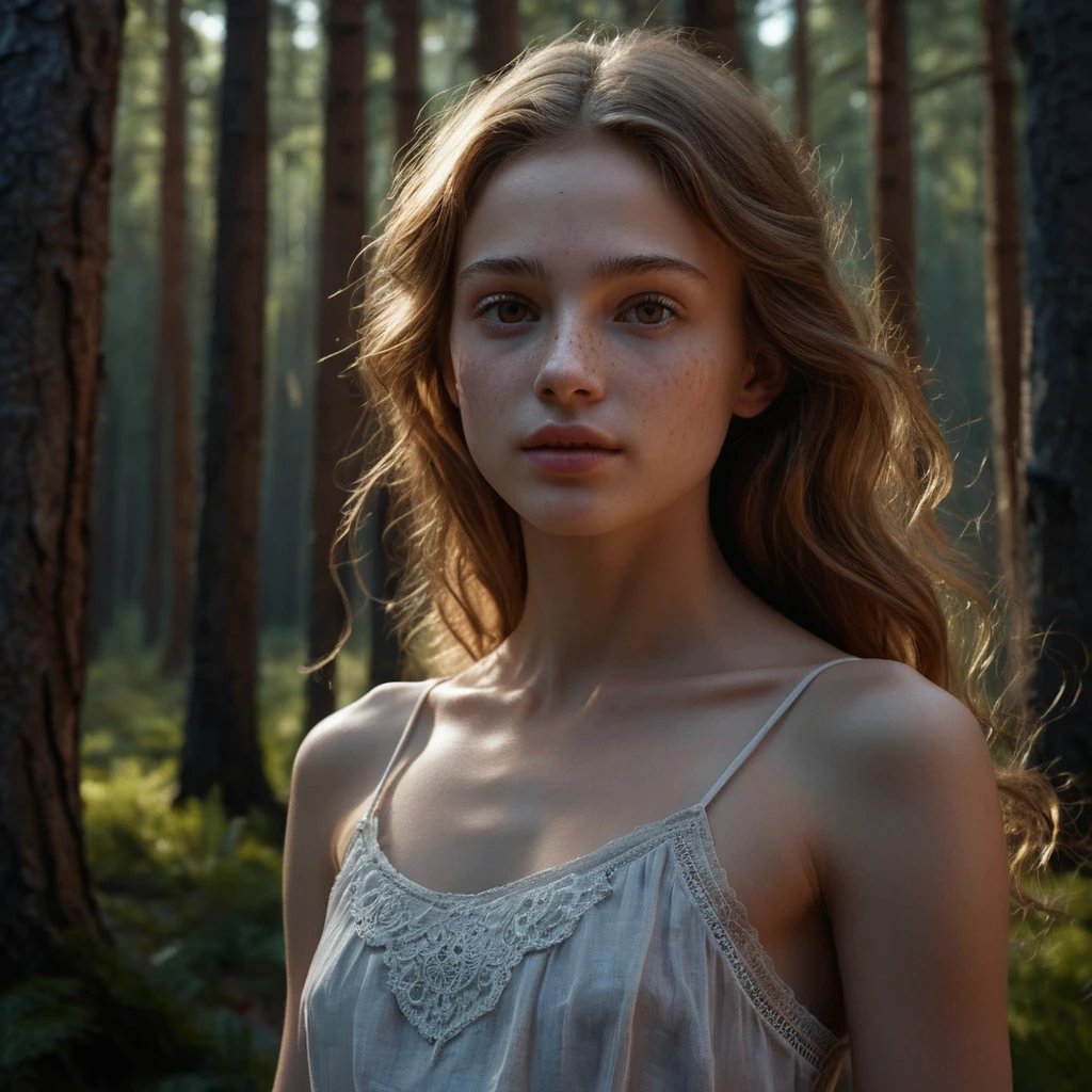 Young spirit girl glowing in a dark coniferous forest